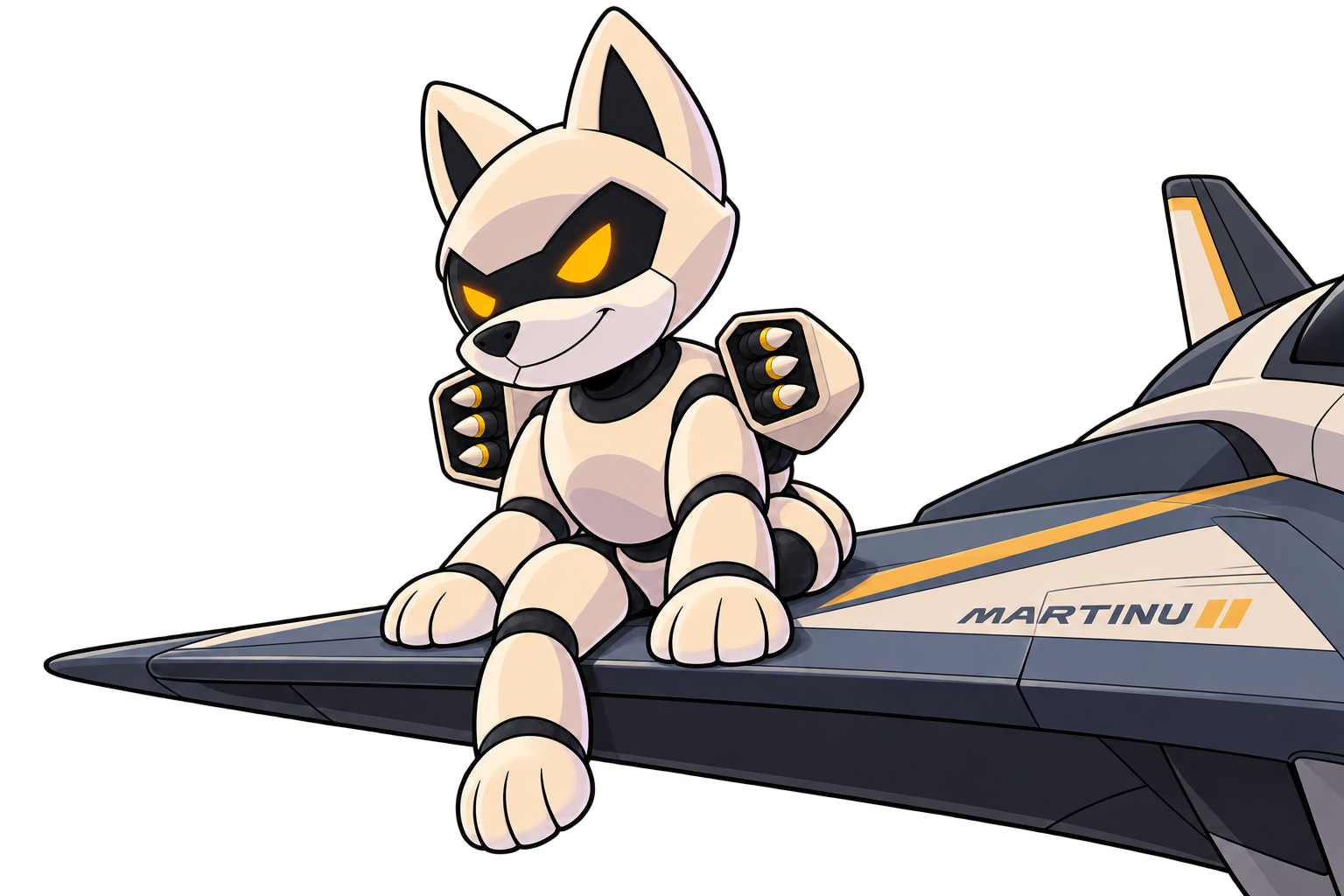 Martinu sitting on a swept fighter wing, paws resting on its edge and feet dangling